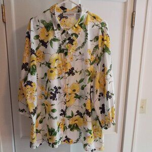 Beautiful Sag Harbor Floral Blouse 100% Cotton Yellow White Green Black 3X